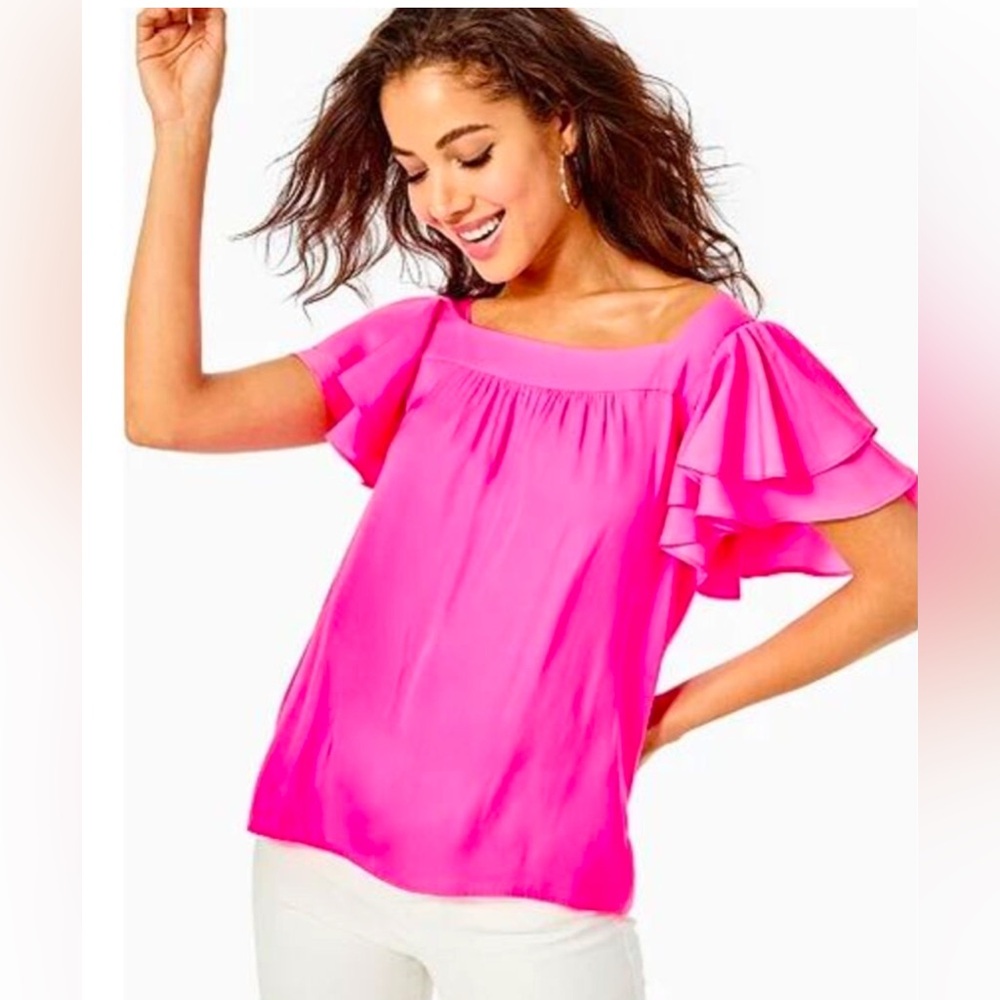 Lilly Pulitzer Pink Ruffled Flounce Square Neck Short Sleeve Devina Blouse Small